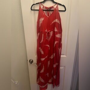 Huskary Red Maxi Dress with White Leaf Print
